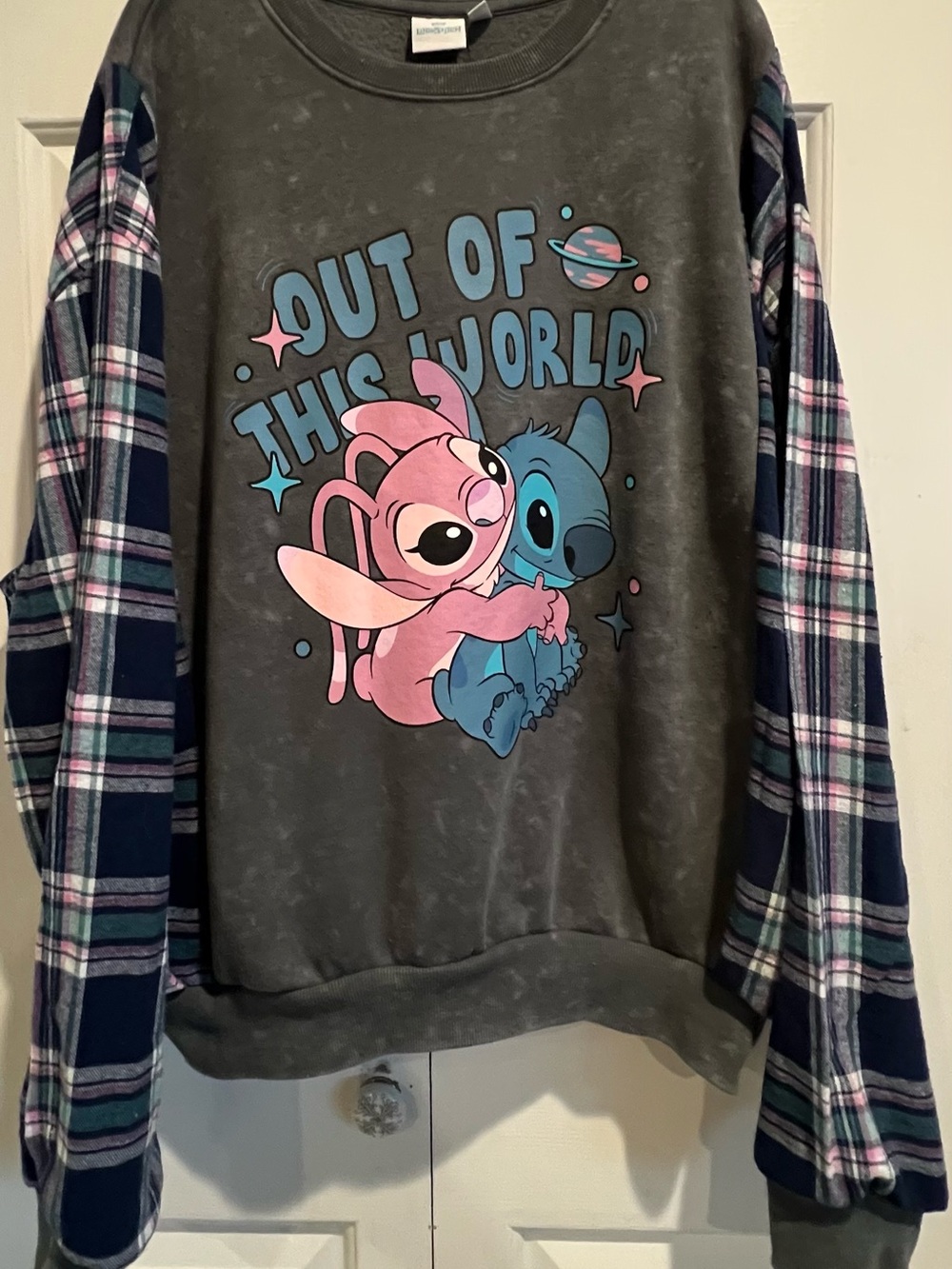 🩷UPCYCLED💙Disney Lilo & Stitch - Pink & Blue Graphic Sweatshirt w Plaid Sleeves